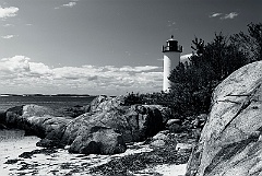 Rocks Surround Annisquam Harbor Lighthouse-BW